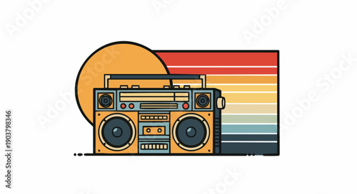 Stylized illustration features a portable audio player set against a retro sunset background