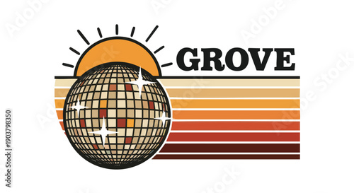 Retro style graphic featuring a reflective sphere, setting sun, and horizontal stripes with bold lettering