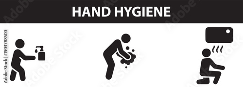 Hand hygiene icons set with people washing hands and using hand sanitizer and dryer