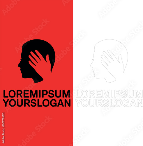Mental health awareness silhouette set, person covering face in sadness or despair, red background and white line art version with placeholder slogan text.