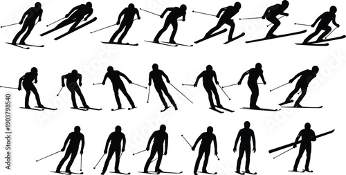 Alpine skiing silhouette sequence illustrating downhill turns, speed control, athlete technique, and dynamic winter sports motion isolated on white background for training analysis