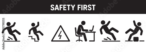 Workplace Risk Prevention Icons – Black Silhouette Vector Set