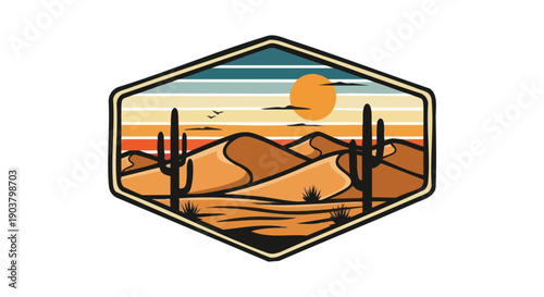 Stylized graphic emblem depicts a desert landscape with towering saguaro plants under a setting sun.