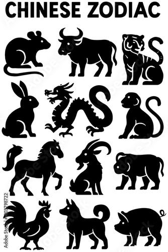set of animals,
Chinese Zodiac Animals Silhouettes Set – Tiger Rabbit Ox Dragon Mythology