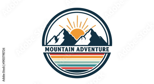 Circular graphic emblem depicting mountain peaks against a rising sun with colorful retro stripes below