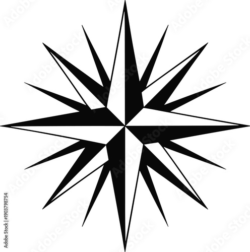 Detailed black and white nautical compass rose, sixteen point star for marine navigation, map geography symbol, vector line art element.