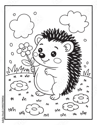 Cute hedgehog thinking with clouds and mushrooms coloring page vector illustration