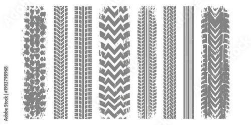 Collection of textured tire tracks and tread patterns in gray vector illustration for automotive and off-road designs