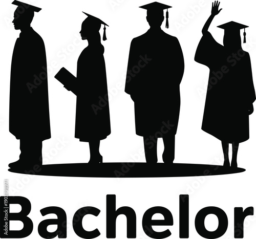 Graduation ceremony silhouettes, bachelor degree achievement, academic success, students celebrating milestone, diploma holding graduates, education accomplishment, university cap gown illustration