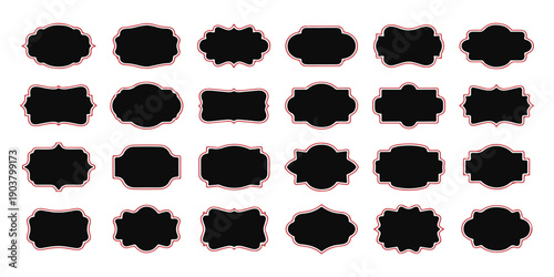 Collection of ornate black vintage labels and badges with decorative irregular borders on a white background, graphic design elements