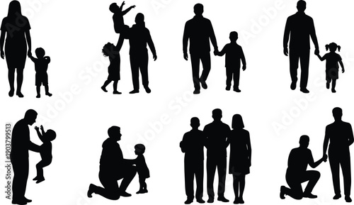Large collection of black silhouettes featuring parents and children, families walking, holding hands, fathers playing with kids, and mothers bonding with sons, isolated vector set.