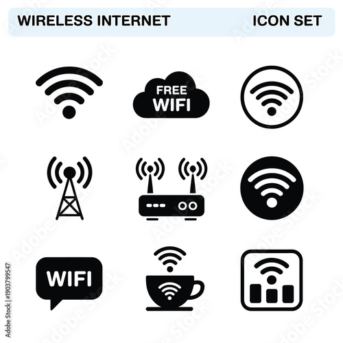 Collection of various black wifi signal icons and related elements