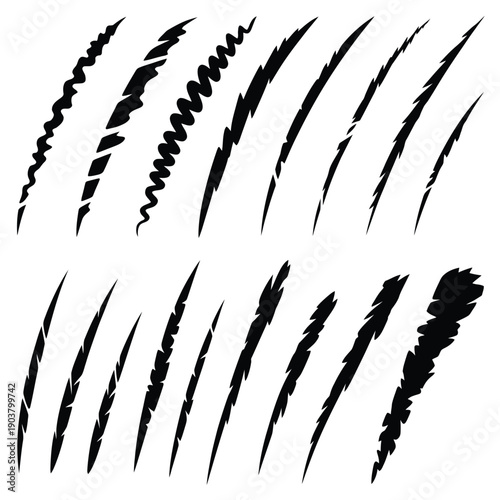 Black claw scratches arranged in various patterns on a white background