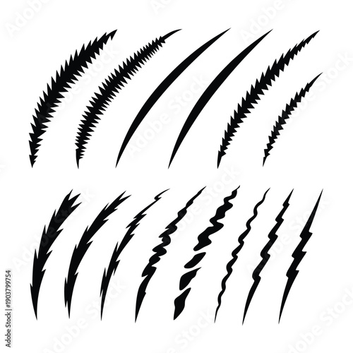 Collection of stylized black claw scratches and tear marks on white