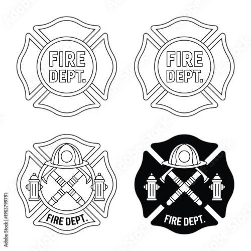 Four black and white firefighter badges with varying designs and text