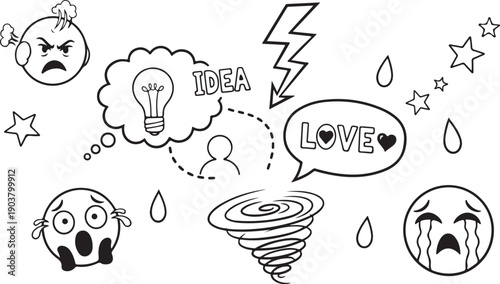 question mark shocked angry comics style, Emotion symbols drawn on a white background.