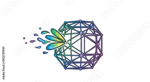 Vibrant creative splash merging with a complex geometric data network illustration