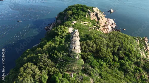 A dilapidated tower on the small island