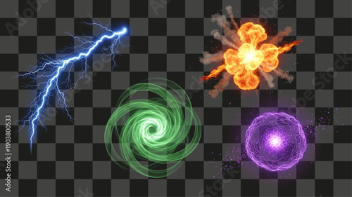 Energy Effects Pack: Electric Lightning Bolt, Fire Explosion Blast, Green Swirling Vortex, Purple Plasma Orb Elements.