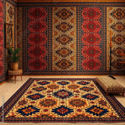 Carpets decorated in an old traditional Berber style, AI Image.