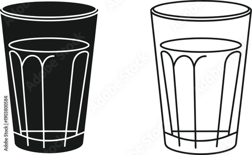 Two stylized drinking glasses are shown side-by-side, one solid black and one outlined against a white background.
