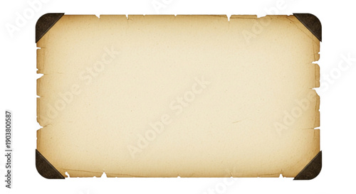 Aged Paper Rectangular Card with Distressed Edges and Dark Brown Photo Corners Sepia Textured Surface Isolated White