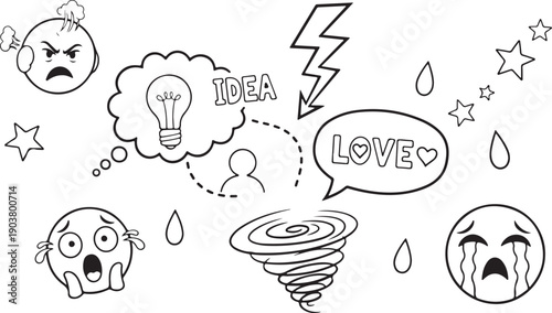 question mark shocked angry comics style, Emotion symbols drawn on a white background.