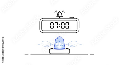 Digital alarm clock displaying 07:00 with a ringing bell icon and a blue warning light beneath it