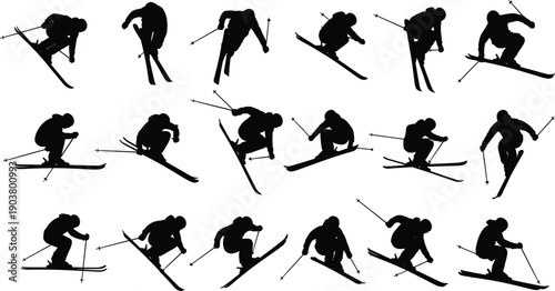 Freestyle skiing jump silhouette sequence showing aerial tricks, athlete rotation, grab techniques, and extreme winter sports motion isolated on white background