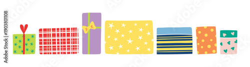 Birthday gifts, presents in boxes illustrations set, isolated on white background. Hand drawn vector. Flat design. Birthday celebration, festival, carnival, party clip art, elements collection