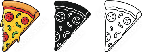 A single slice of pepperoni pizza is shown in three versatile formats including full color, solid black fill, and detailed line art.