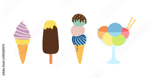 Ice cream, gelato, frozen yogurt illustrations set, isolated on white background. Hand drawn vector. Flat design. Birthday celebration, festival, carnival, party clip art, elements collection