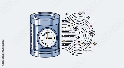 Abstract illustration of time measurement and scientific energy flow in a sleek container