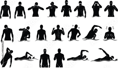 Swimmer silhouette sequence illustrating swimming techniques, arm movements, breathing positions, and training drills isolated on white background for professional sports instruction concepts