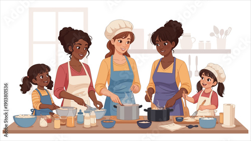 Family cooking together flat style kitchen scene with smiling multigenerational group