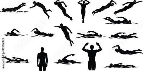 Swimming silhouette technique set illustrating freestyle strokes, body positions, breathing motion, and athletic water training drills isolated on white background
