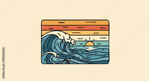 Stylized illustration depicts a large ocean wave breaking near a setting or rising sun over water