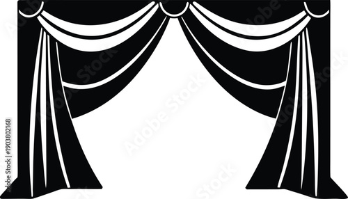 Theater stage curtains silhouette set, dramatic drapery and window curtains icon silhouette vector
