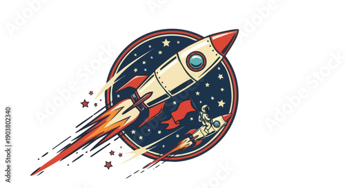 Retro style depiction of rockets accelerating through a starry cosmos within a circular frame