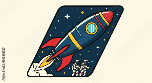 Stylized illustration depicts a retro rocket launching past two figures in space suits against a starry backdrop