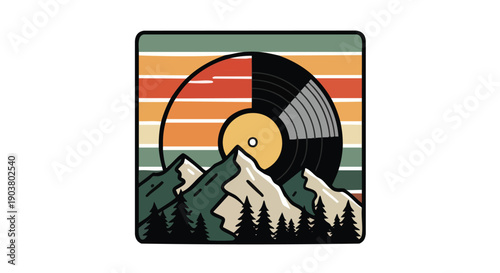 Stylized graphic combines a music record with a retro sunset over mountain scenery