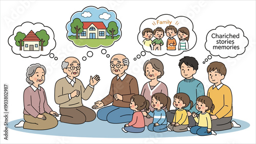 Family Storytime Scene Multigenerational family gathered as a grandparent tells a story, children and adults listening attentively, gentle atmosphere, speech bubbles, warm and cozy illustration.