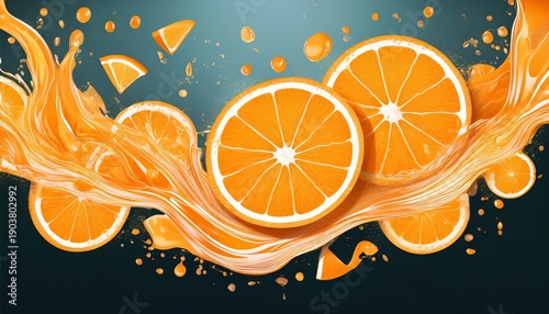 dynamic orange slices and juice splash composition ideal for commercial soft drink or juice packaging high impact summer advertising and promotional materials emphasizing freshness and flavour