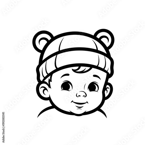 Baby wearing hat with bear ears and smiling in playful style  