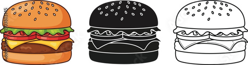 A triple set of hamburger icons showing a colorful drawing, a black silhouette, and a white outline version for design use.