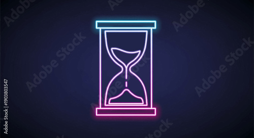 Captivating neon hourglass icon glowing with vibrant pink and blue hues representing the passage
