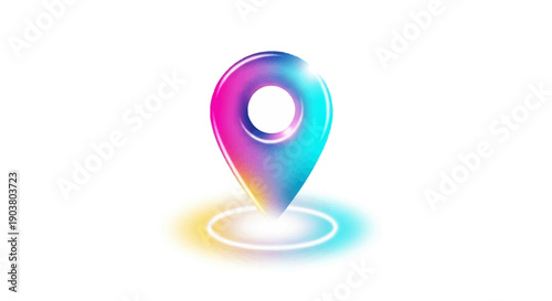 Vibrant 3D location pin icon glowing with gradient colors, symbolizing modern navigation and