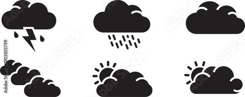 Light Rain icon set. A simple outlined partly sunny and rainy weather icon representing a forecast with sun partially covered by clouds