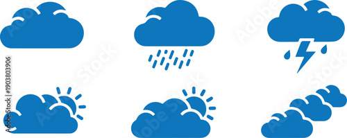 Light Rain icon set. A simple outlined partly sunny and rainy weather icon representing a forecast with sun partially covered by clouds
