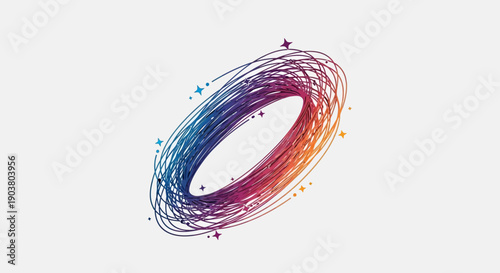 Colorful abstract oval design with dynamic swirling lines and sparkling accents on a light